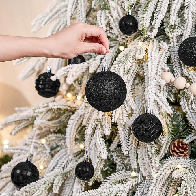 JORNOY Christmas Tree Ornaments Set, 47 Pack Assorted Shatterproof Hanging Balls Decorations, Plastic Bulbs Bulk with Lanyard for Home Holiday Party Decor, 3-Sizes (Pure Black)