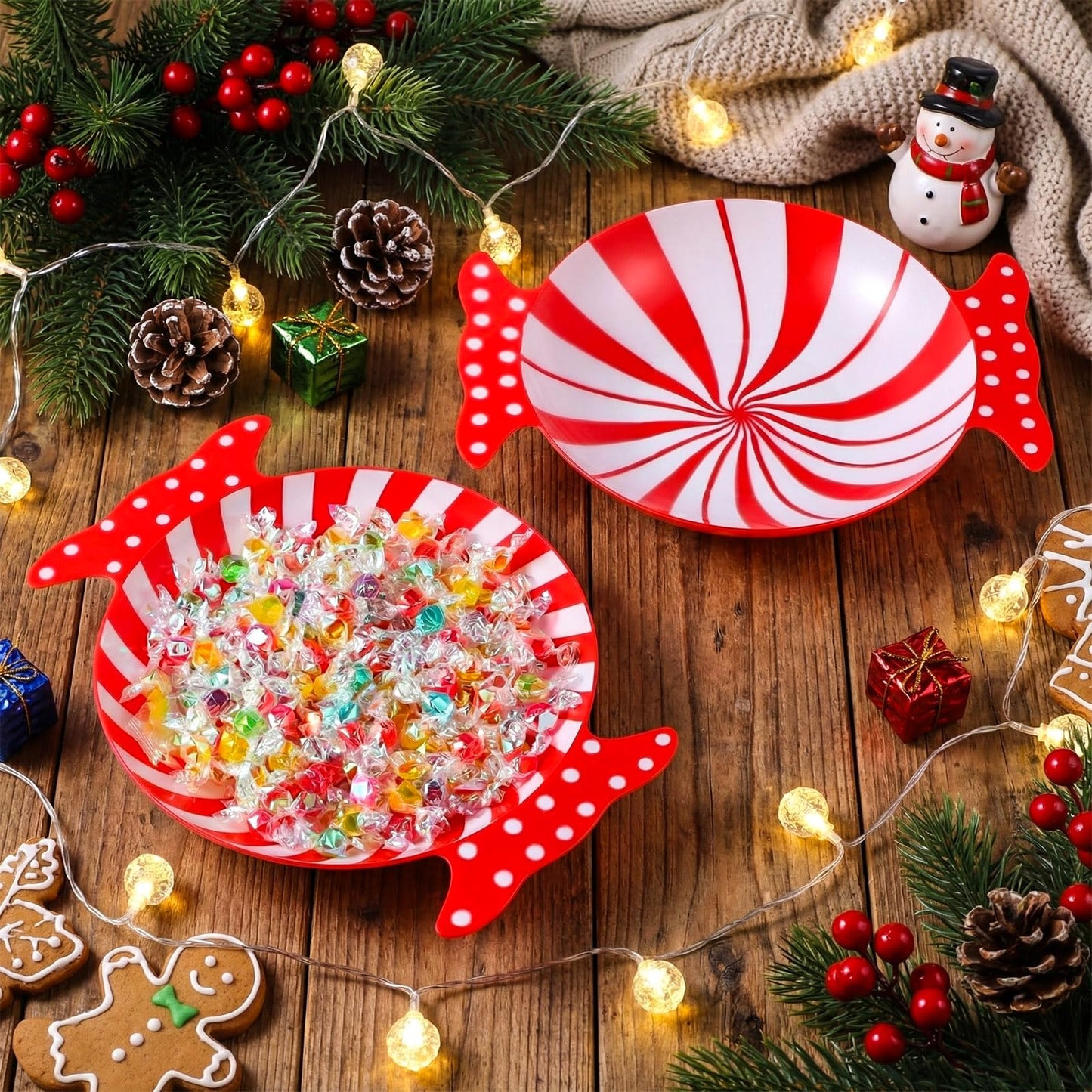 Wiwiqing 2 Pcs Christmas Peppermint Candy Tray Dishes Red Candy Platter Plastic Serving Dessert Plates Tableware Christmas Decorative Plates Dinnerware for Xmas Holiday Party Favor (Red)