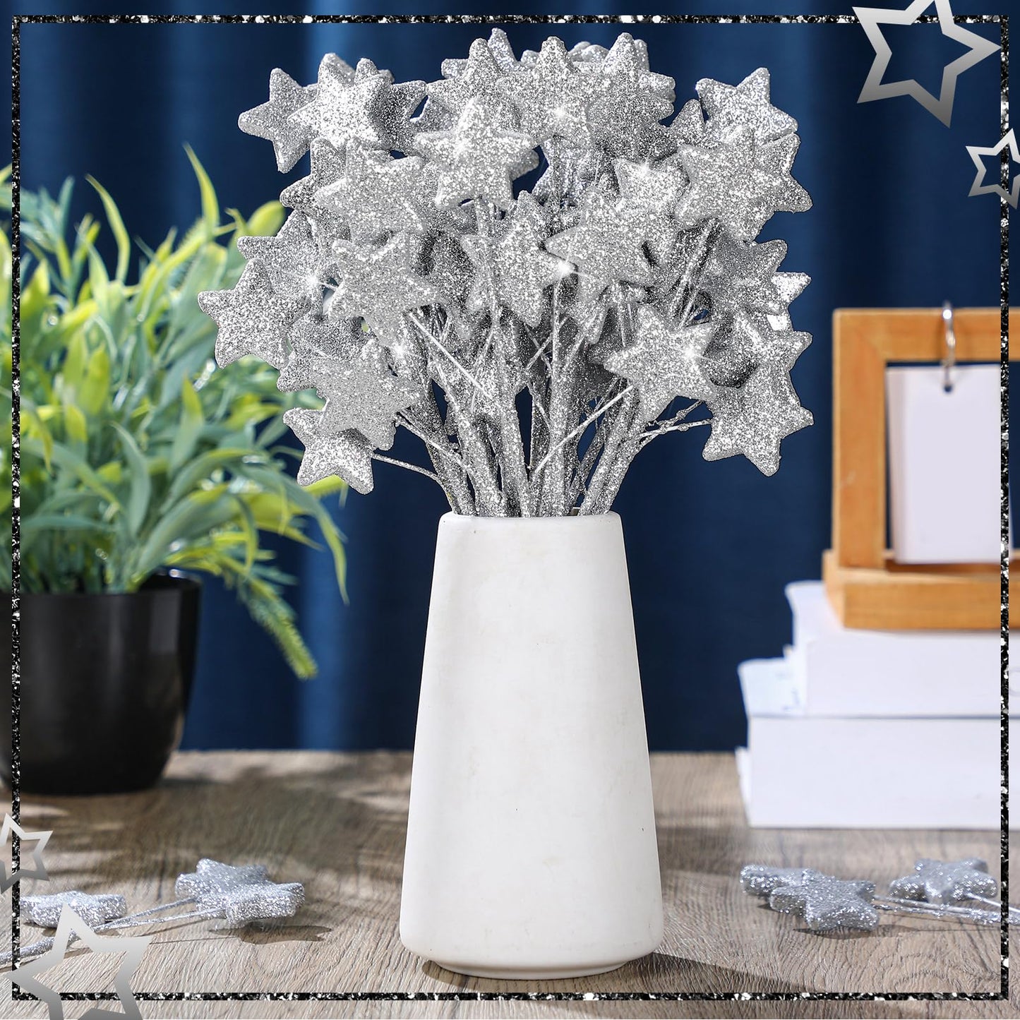 Wavwavw 24 Pcs Glitter Star Picks 13.8'' Sparkly Star Stem Picks Decoration Foam Vase Sticks Centerpiece Table Craft Vase Filler for Wreath Birthday Wedding Bridal Shower Arrangement(Silver)