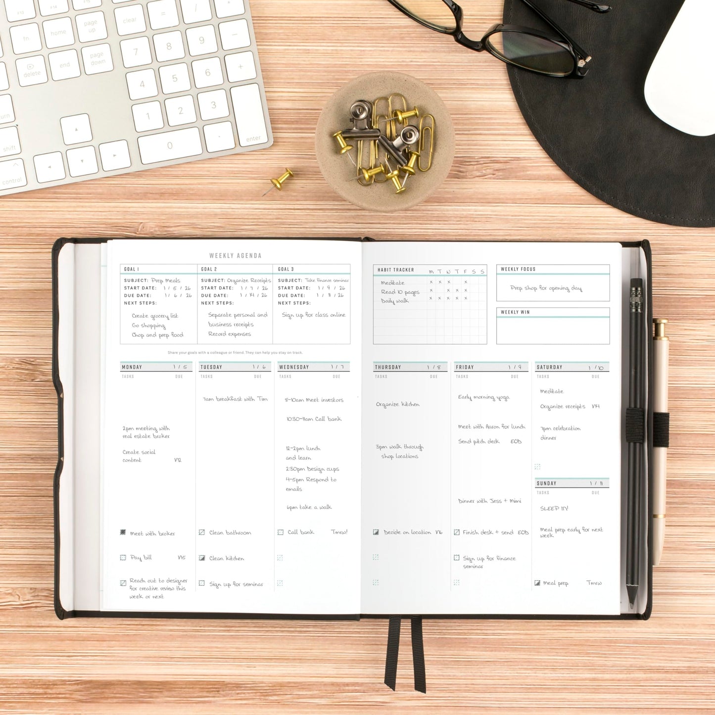 AT-A-GLANCE Undated Planner, Weekly & Monthly Goal Setting Journal, Track Progress, Create Habits, 5-3/4" x 8-1/4", Foundation, Black (FD2-200-05)