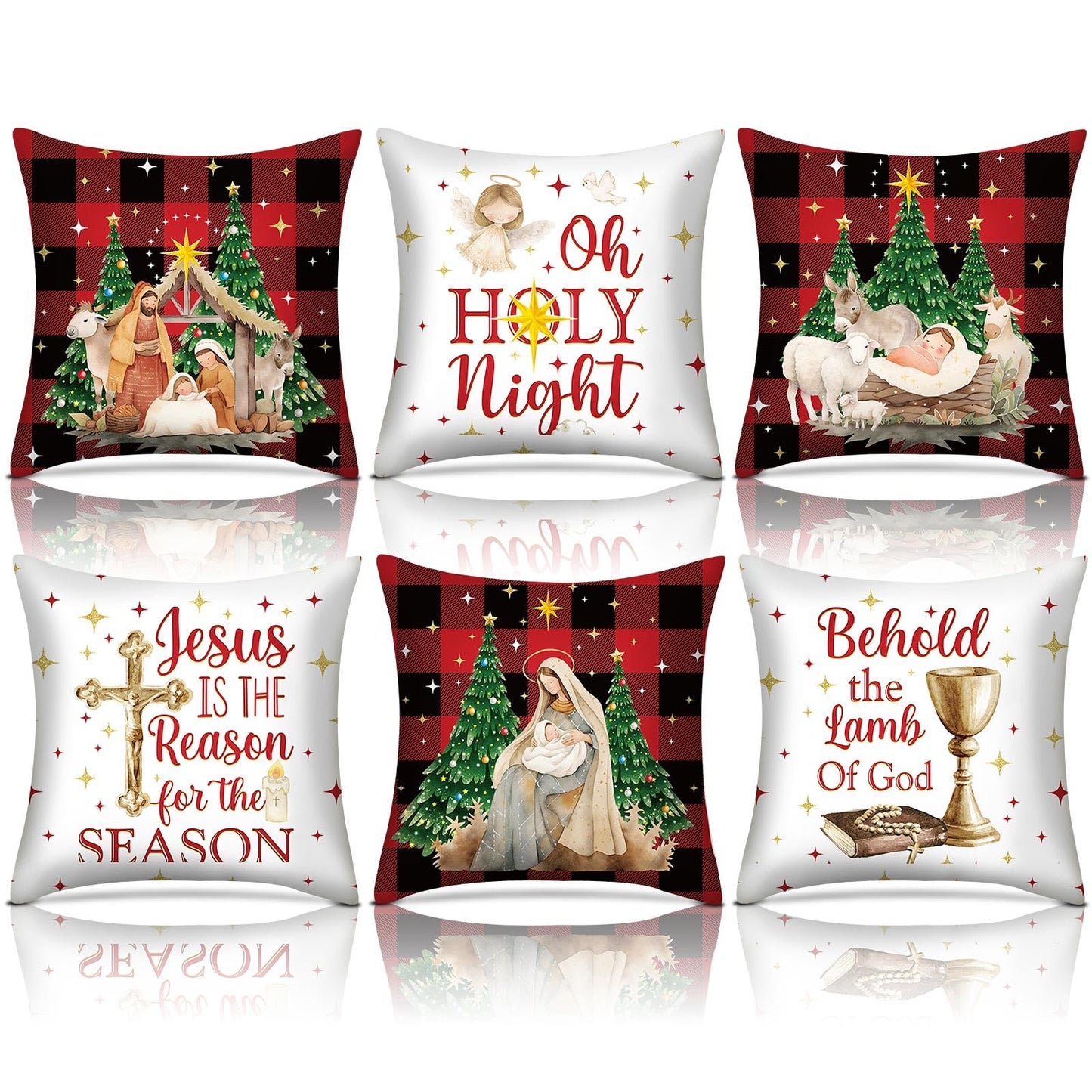 FuWeave 6 Pcs Christmas Pillow Covers 18 x 18 Inch Decorative Lime Green Red Xmas Pillow Cushion Case Pillowcase Square Christmas Pillow Covers for Home Sofa Couch Decorations (Nativity Scene)
