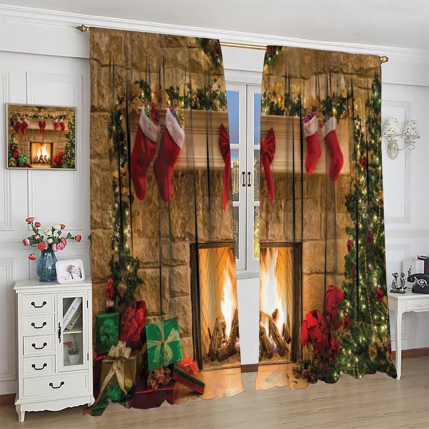 FengMingRui Merry Christmas Curtains Fireplace Christmas Socks Christmas Tree Blackout Window Treatment for Bedroom Living Room Decor Art Printed Window Drapes 52" W X 84" L