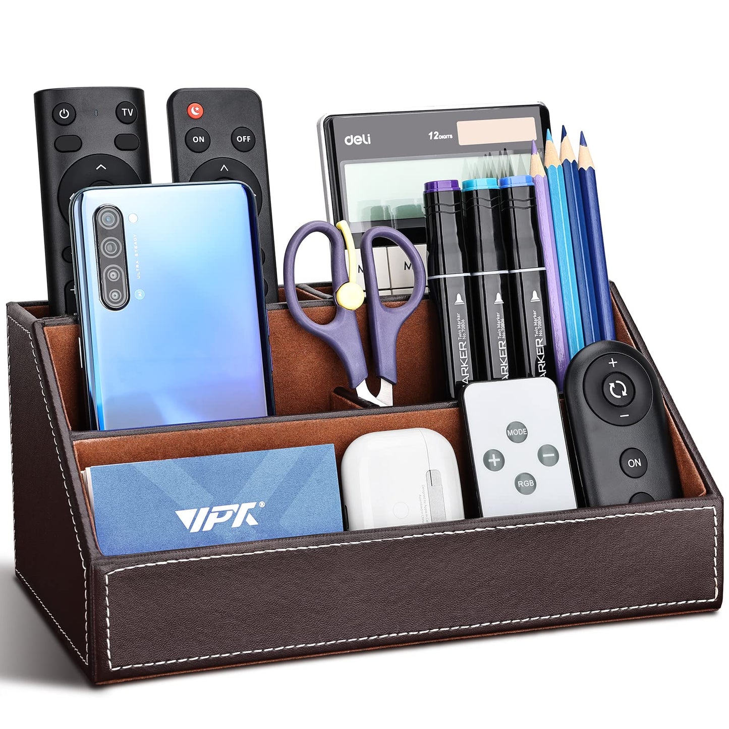 KINGFOM Pu Leather Desk Organizer with 5 Compartments Holder, Multi-Functional Office Supplies Storage Caddy for Pen/Pencil, Phones, Remote Controller and Desktop Accessorie Brown