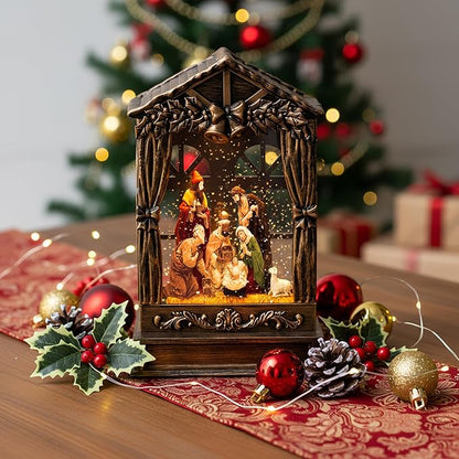 Three Kings Three Saints Window Christmas Snow Globe Swirling Glittering Nativity Figurines Manger Scene, USB Lined/Battery Operated Lighted Water Lantern for Christmas Festival Decoration Gifts