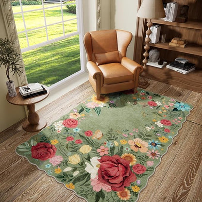 Washable Entryway Small Area Rugs: Door Mat Indoor Entrance 4x6 Floral Rug Ultra Thin Stain Resistant Non Slip Low Pile Lightweight Carpet for Bedroom, Kids Room, Farmhouse Decor (Green)