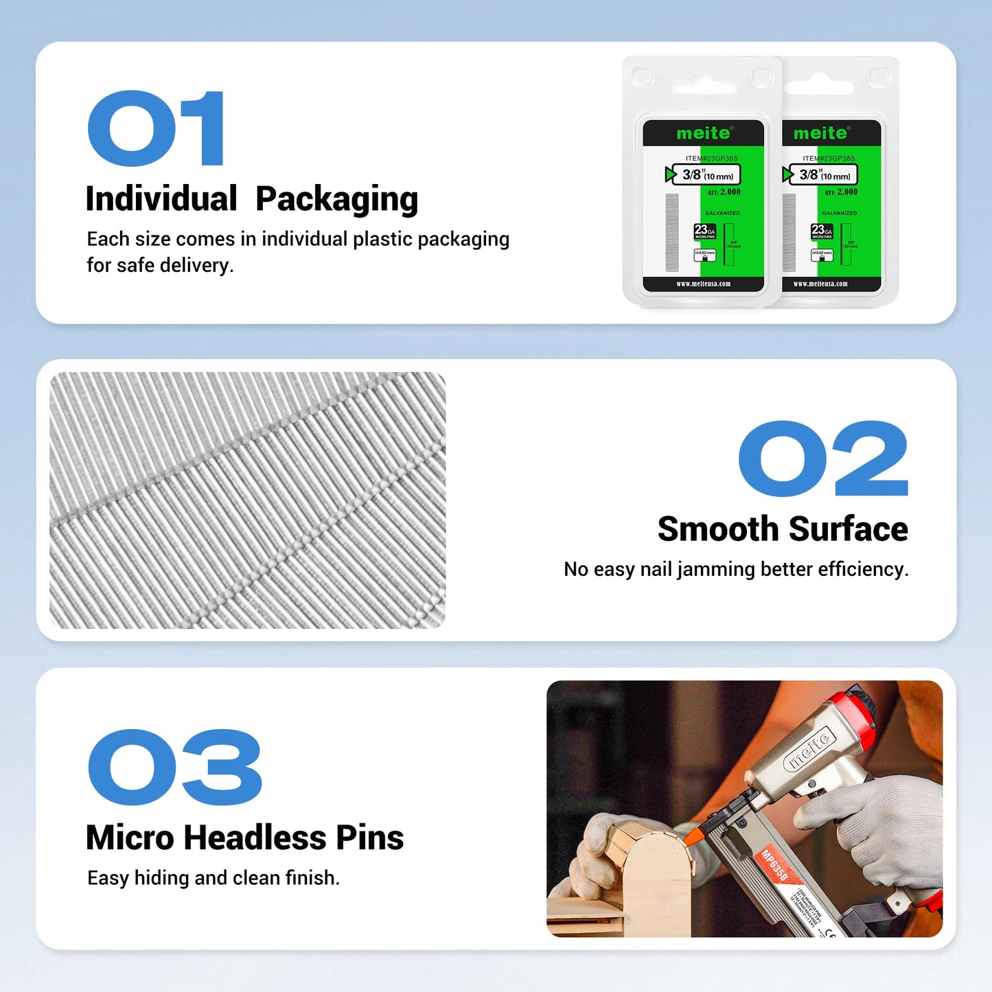 meite 23 Gauge Pin Nails, 1/2 Inch Micro Headless Pins - Galvanized 23GA Pins Nails for Nail Gun, Ideal for Fine Woodworking and Trim Work (2,000 Counts)