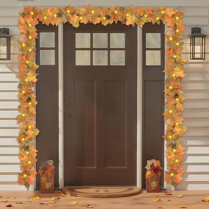 6 Ft Artificial Fall Garland with Lights - Autumn Maple Leaf f Thanksgiving Decor Hanging Vine Autumn Foliage Garland Used for Home Wedding Party Decor