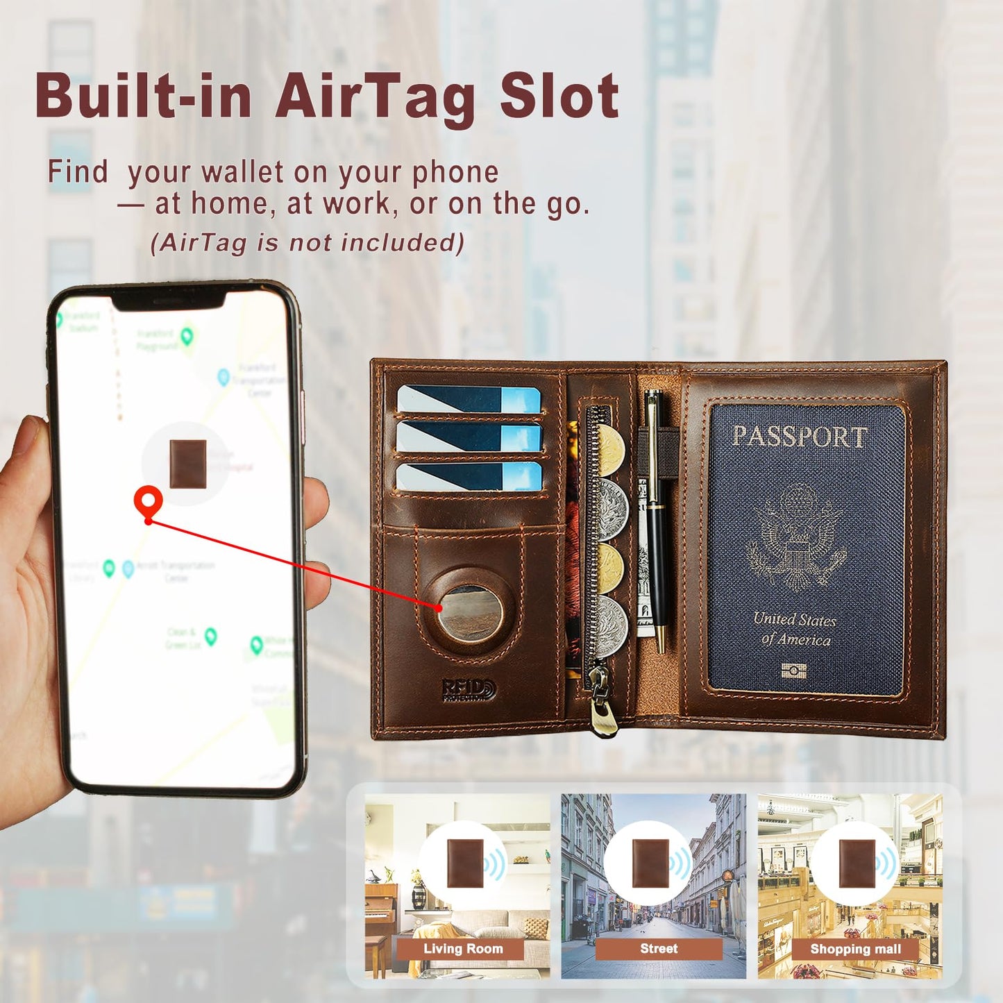 HIDO RFID Passport Holder for Men, Slim Leather Travel Wallet with Airtag Slot & RFID Blocking