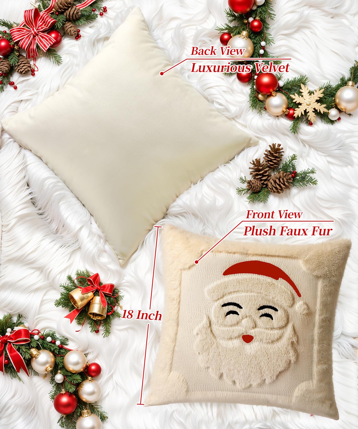 SEGXCFL Christmas Pillow Covers Set of 2 Soft Plush Faux Fur Pillow Cases 3D Embroidered Decorative Couch Cover Home Decor Christmas Throw Pillow Covers 18x18,Beige Santa Clauss