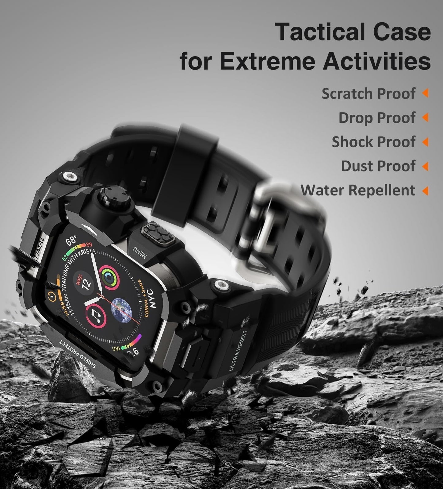 ULTIMAL Rugged Case with Band for Apple Watch 44mm,Compatible with Apple Watch Series SE 3/SE 2/SE Generation/6/5/4, Military Grade Shockproof Bumper Cover for iWatch Tactical Band Men (Black, 44mm)