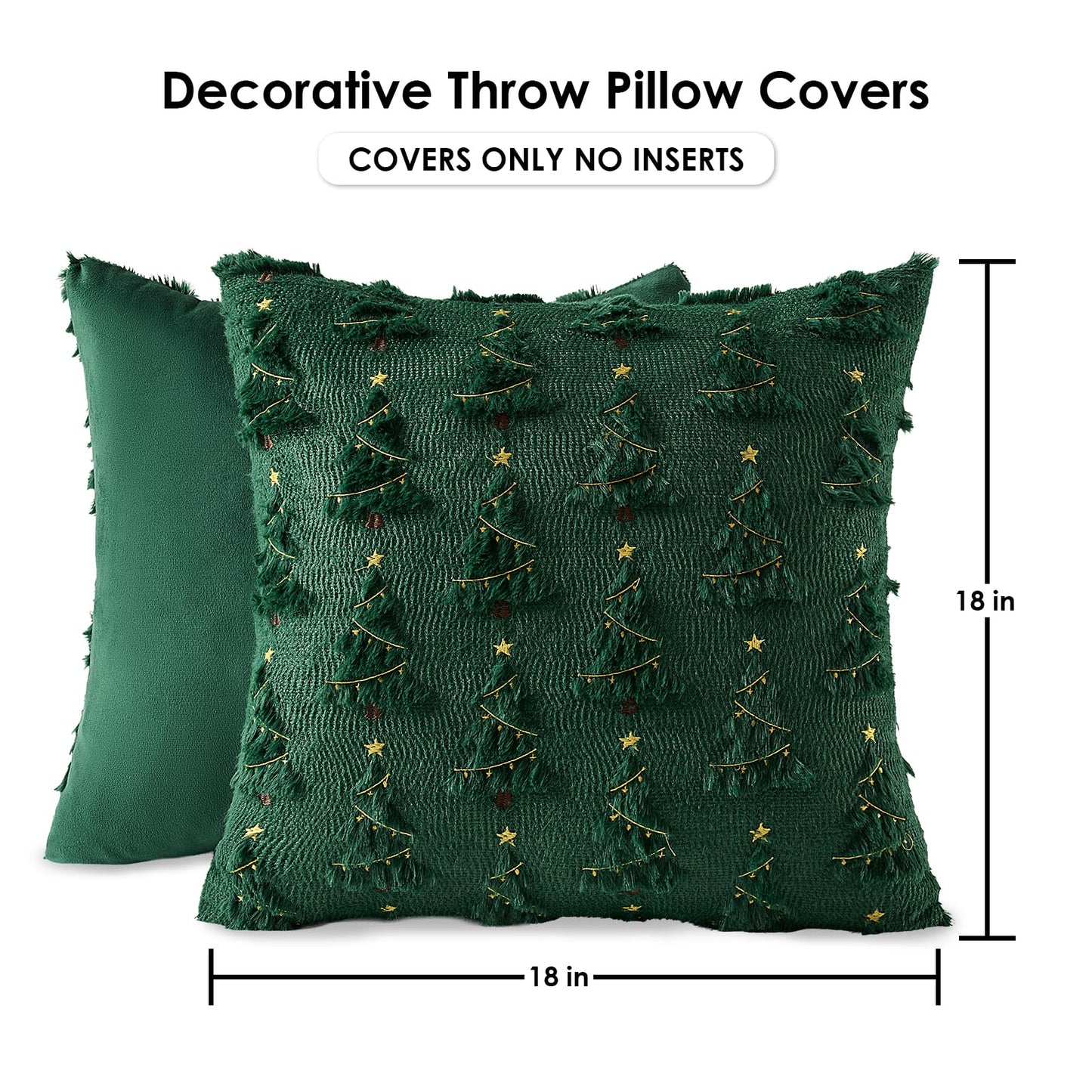 Emvency Christmas Throw Pillow Covers 18x18 Set of 2, Green Xmax Tree Golden Star Lights Decorative Pillow Cases Soft Plush Faux Fur Wool Couch Cushion Case for Couch Bed Sofa Living Room Home Decor