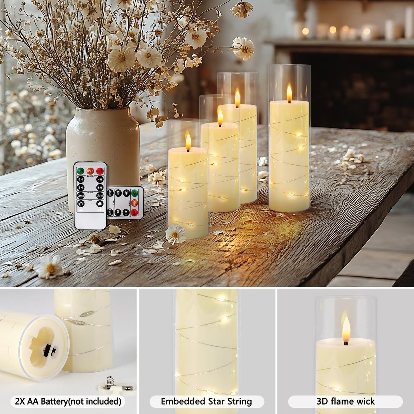 YOROXRG 24 Pack Christmas Decoration Flickering Flameless Candles,Battery Operated Candles,LED String Lights LED Candles for New Year, Home Decor, Parties,Wedding(D2.2 xH 5" 6" 7") (Ivory)