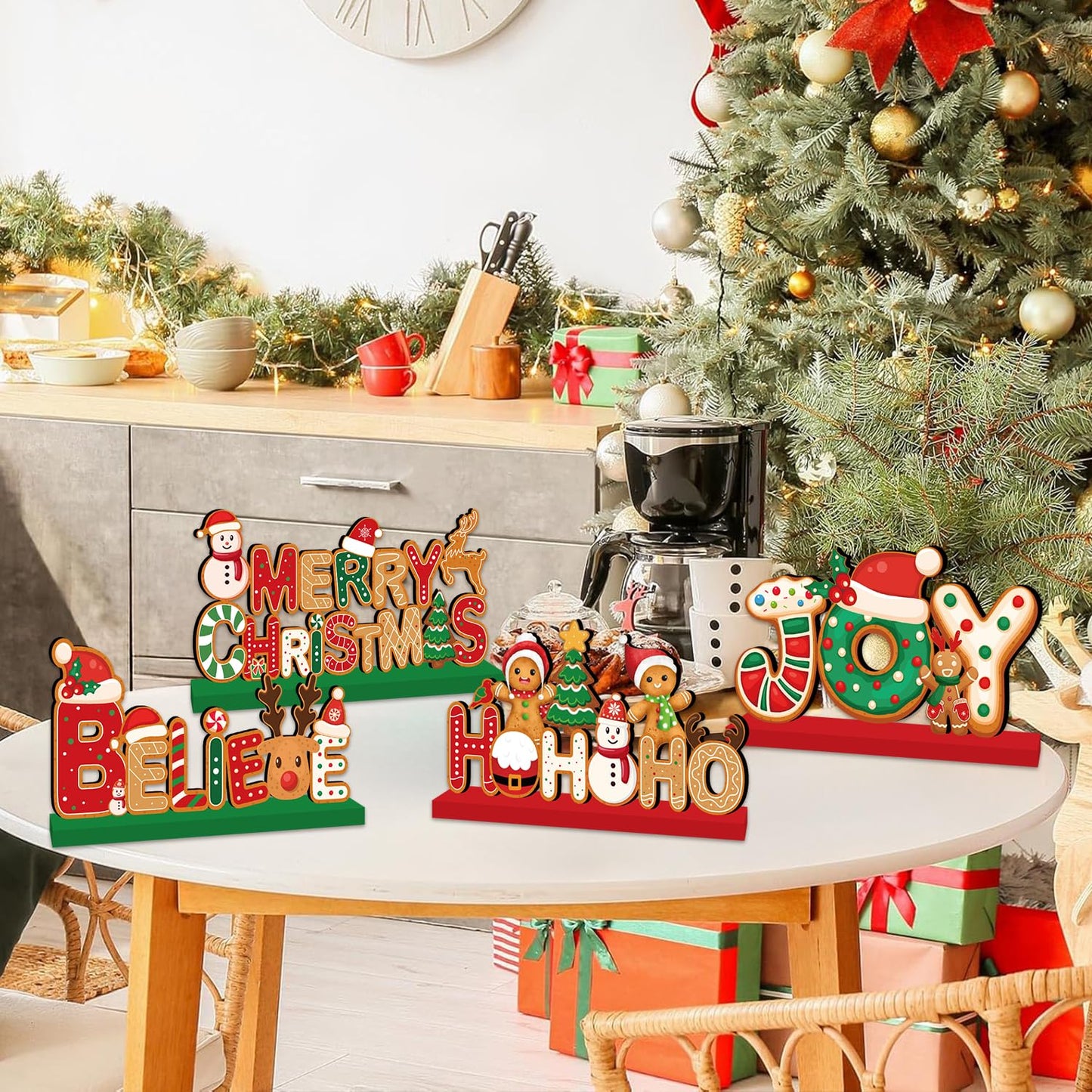 4pcs Gingerbread Christmas Decorations Wooden Table Centerpieces Gingerbread Merry Christmas Table Decorations for Winter Holiday Xmas Home Tabletop Decor