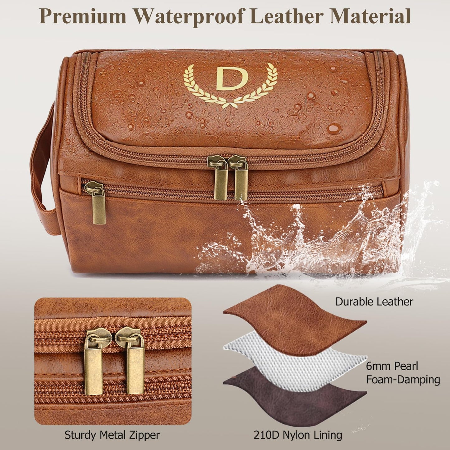 OXYEFEI Personalized Toiletry Bag for Men,Personalized Gifts for Men,Engraved Initial PU Leather Mens Toiletry Travel Shaving Travel Essentials Toiletries Bag for Him Birthday (W, Light Brown)