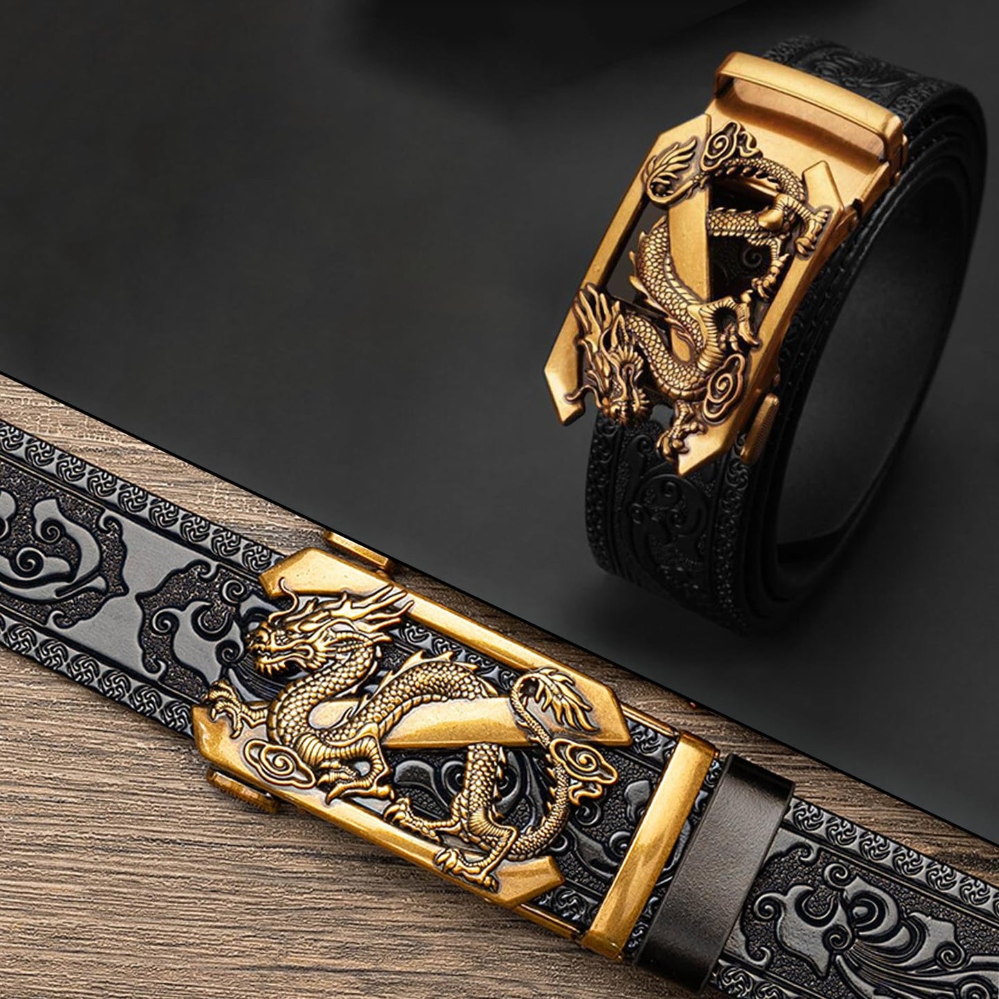 VJK Luxury Men's Belts Engraved Vintage Dragon Head Automatic Buckle Alloy, Leather Men Waist Strap, Slide Easier Adjustable Belt, Cut To Fit, Men Dress Casual Ratchet Belt
