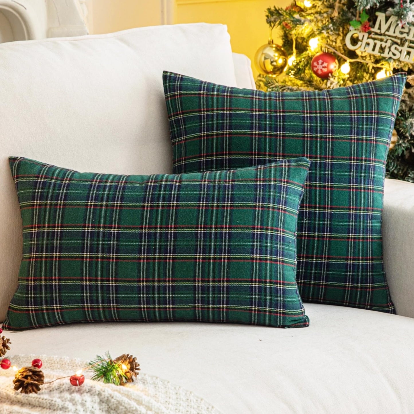 AQOTHES Pack of 2 Christmas Plaid Decorative Throw Pillow Covers Scottish Tartan Cushion Case for Farmhouse Home Holiday Decor Green and Blue, 22 x 22 Inches