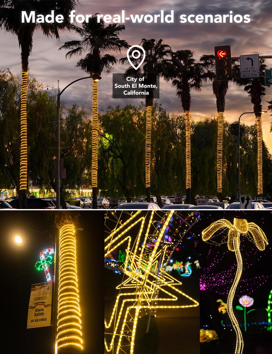 WYZworks 1116LEDs, 100ft LED Outside Rope Lights, Waterproof Permanent Outdoor ETL Certified Connectable Clear Tube, Christmas Palm Tree Holiday Decorative Landscape Patio Accent Lighting - Warm White