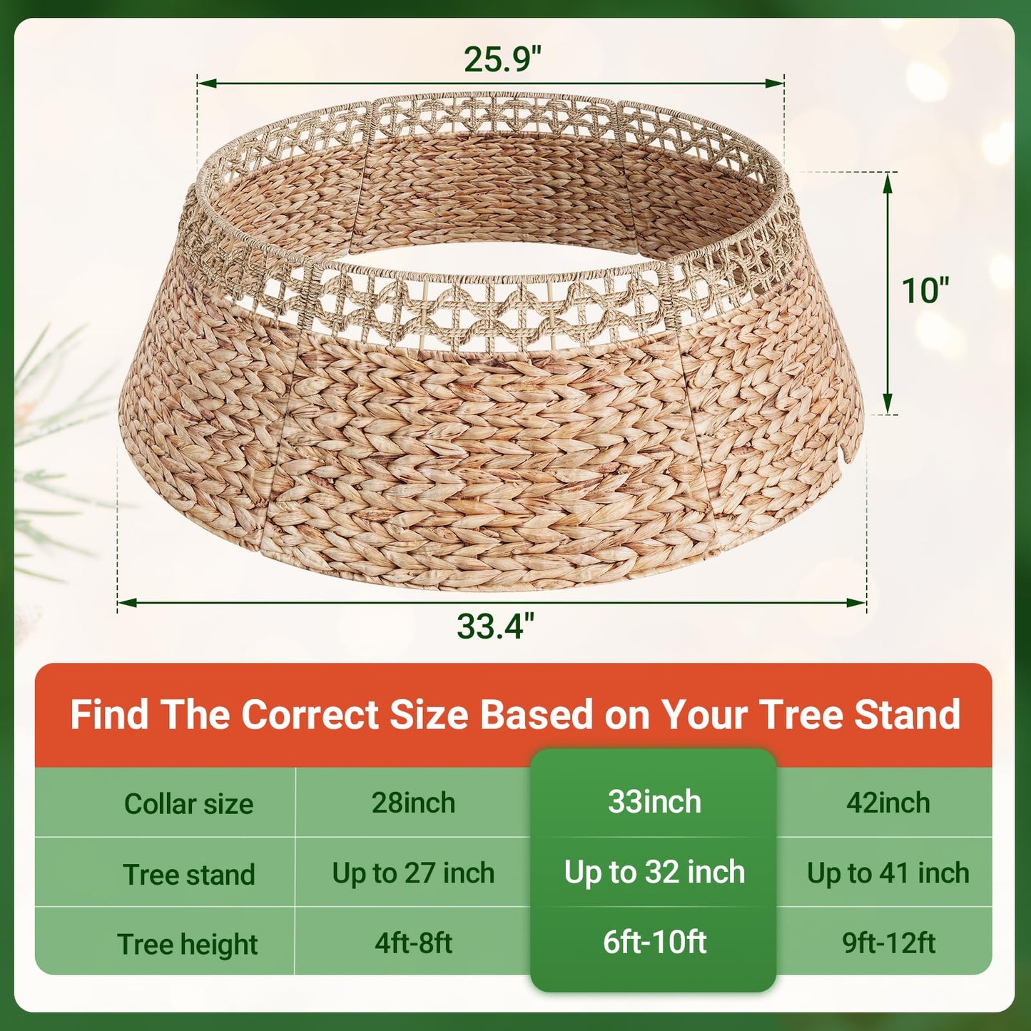 ELYKEN 33 Inch Woven Rattan Christmas Tree Collar, Stylish Seagrass & Water Hyacinth Xmas Tree Skirt for Artificial Trees, Wicker Tree Base Cover with Cord Cut-Out Farmhouse Tree Ring for Home Decor