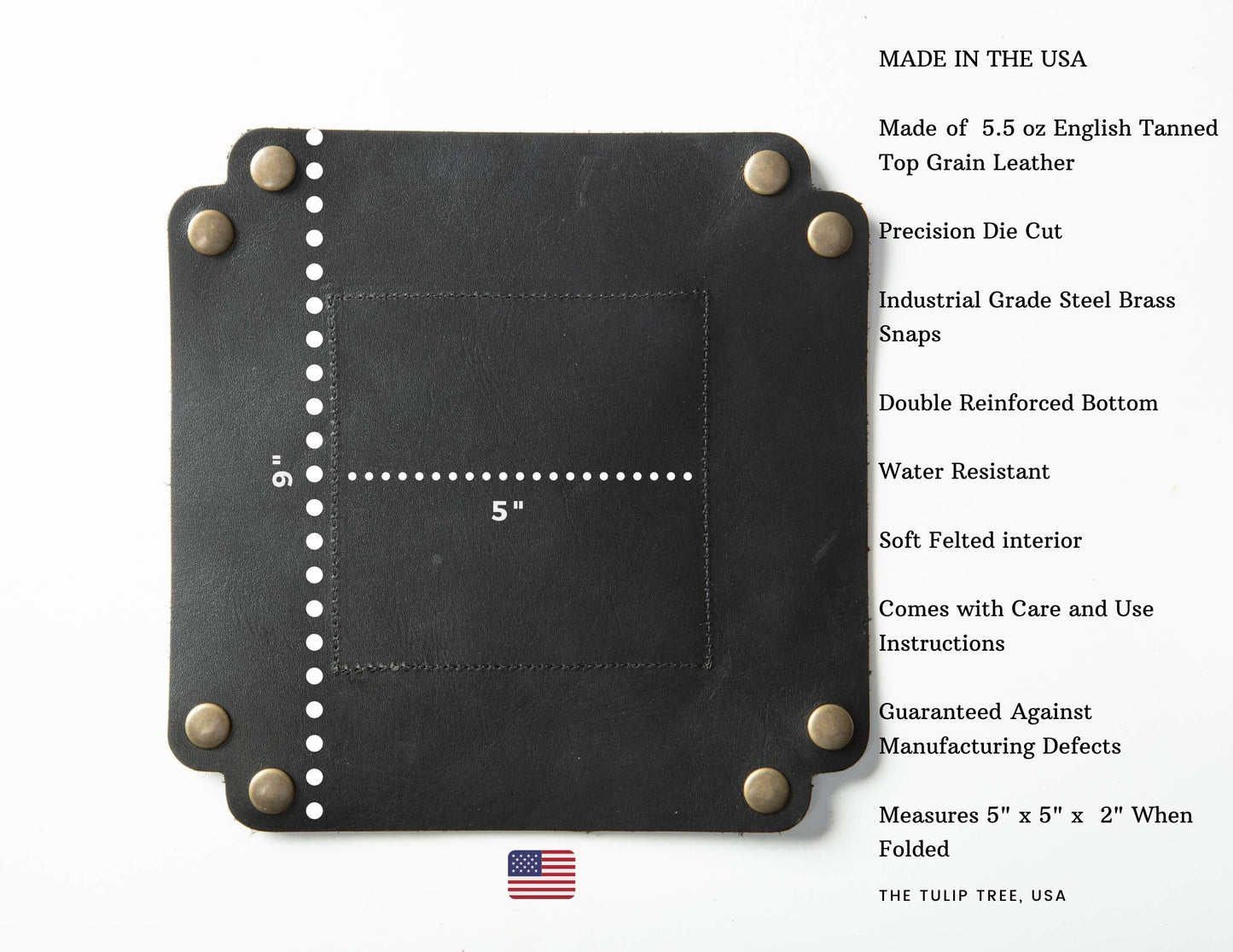 USA Handmade Premium Leather Valet Tray, Folds Flat! Dice Rolling Basket and Organizer with Brass Snaps - for Keys, Jewelry, Coin, EDC, Watch Storage Caddy - Black Medium