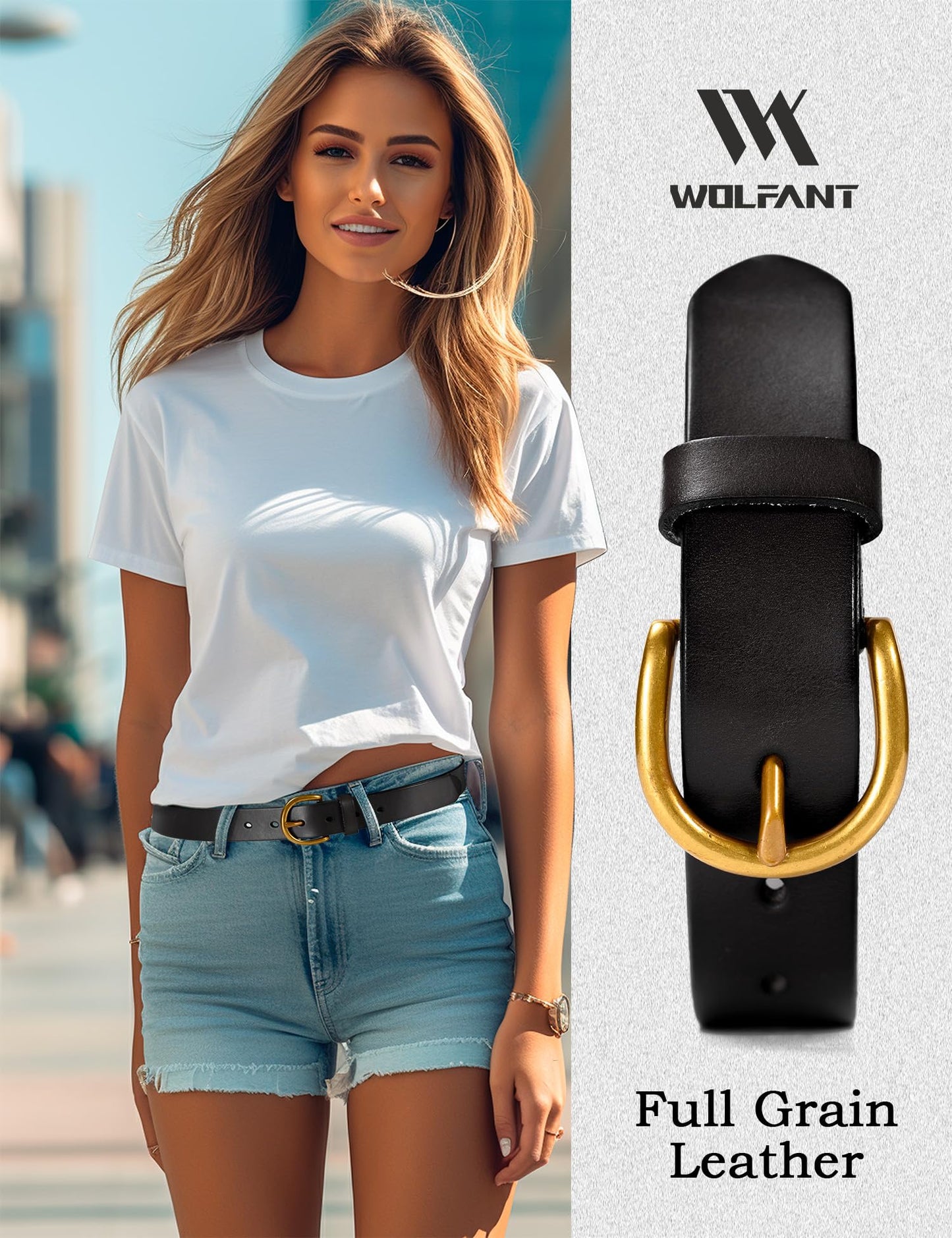 WOLFANT Womens Casual leather Jean Belt,1.1" Ladies Belt with Gold Buckle,100% Italian Full Grain Real Solid Leather