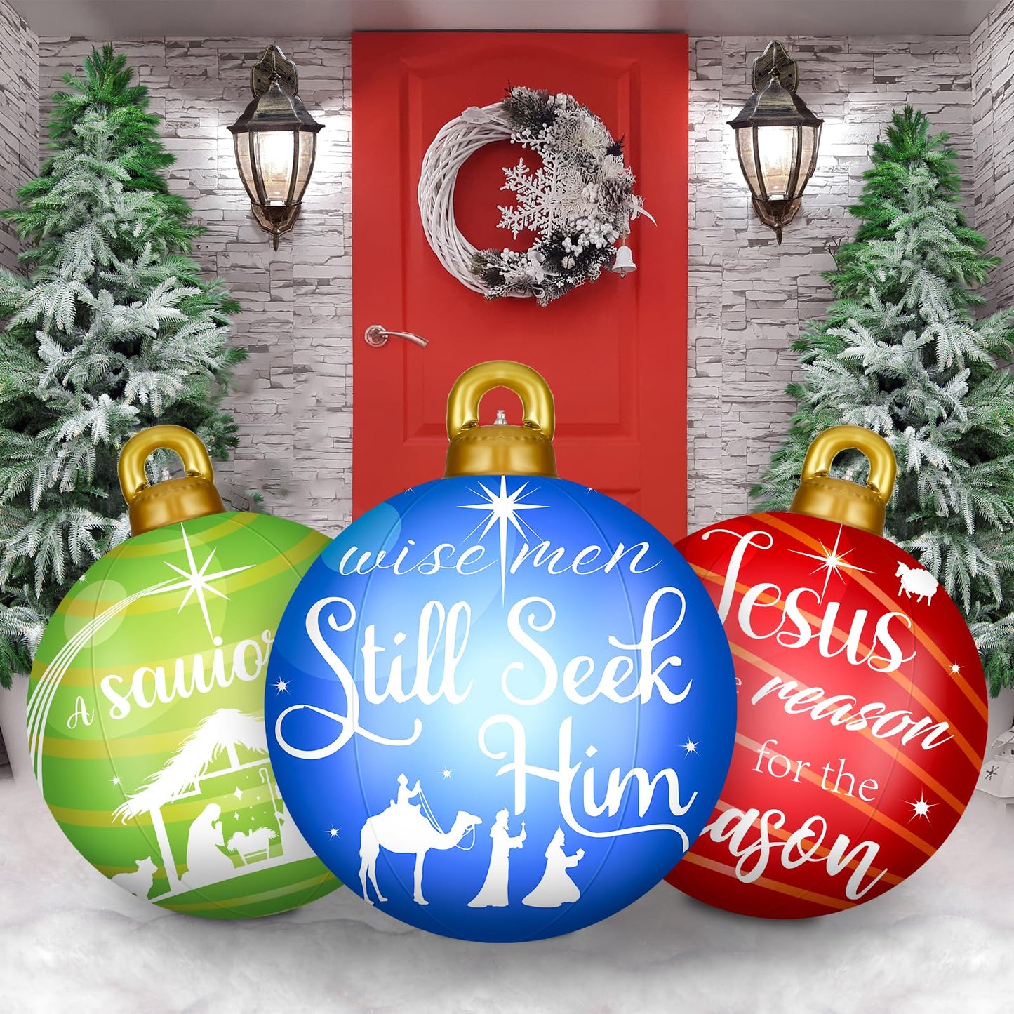 Jetec 3 Pcs 32 Inch Giant PVC Inflatable Christmas Ball Inflatable Decorated Ball Large Xmas Inflatables Ornaments Decorations for Xmas Holiday Outdoor Blow up Yard(Red, Green, Blue,Nativity Scene)