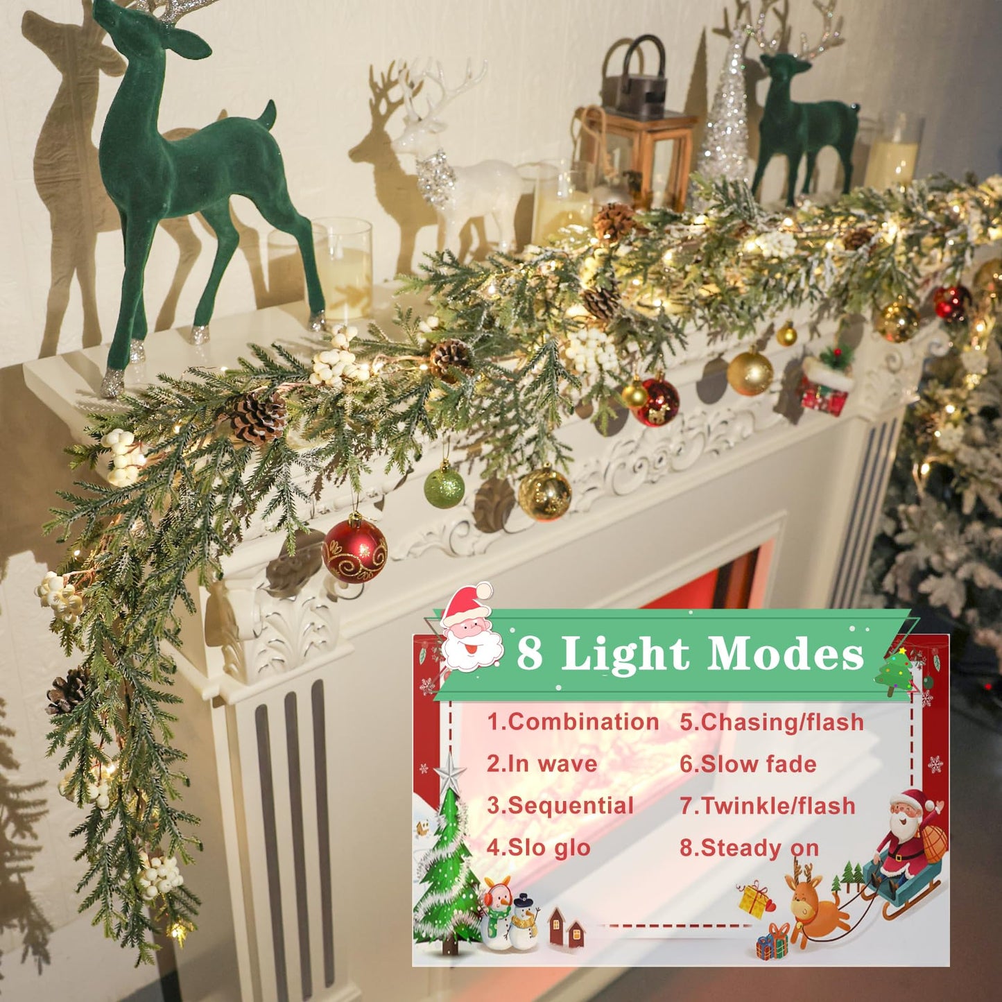 6FT Christmas Garland with Lights, Christmas Decorations Indoor Outdoor Pre-lit Artificial Pine Garland with Battery Operated Timer, Home Holiday Decor Flocked Garland for Mantel Window Stairs Wall