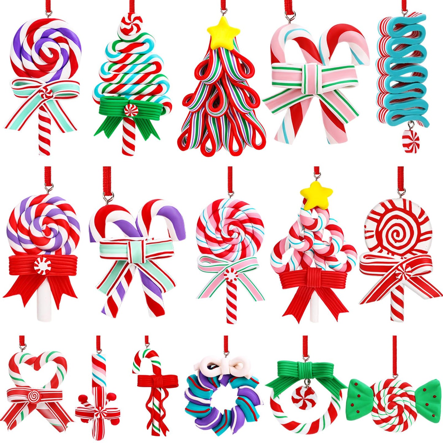 AUGSUN 16Pcs Christmas Lollipop Ornaments, Christmas Mini Candy Cane Hanging Ornaments Polymer Clay Peppermint Pendants for Xmas Tree Party Home Decorations(Red and Blue)