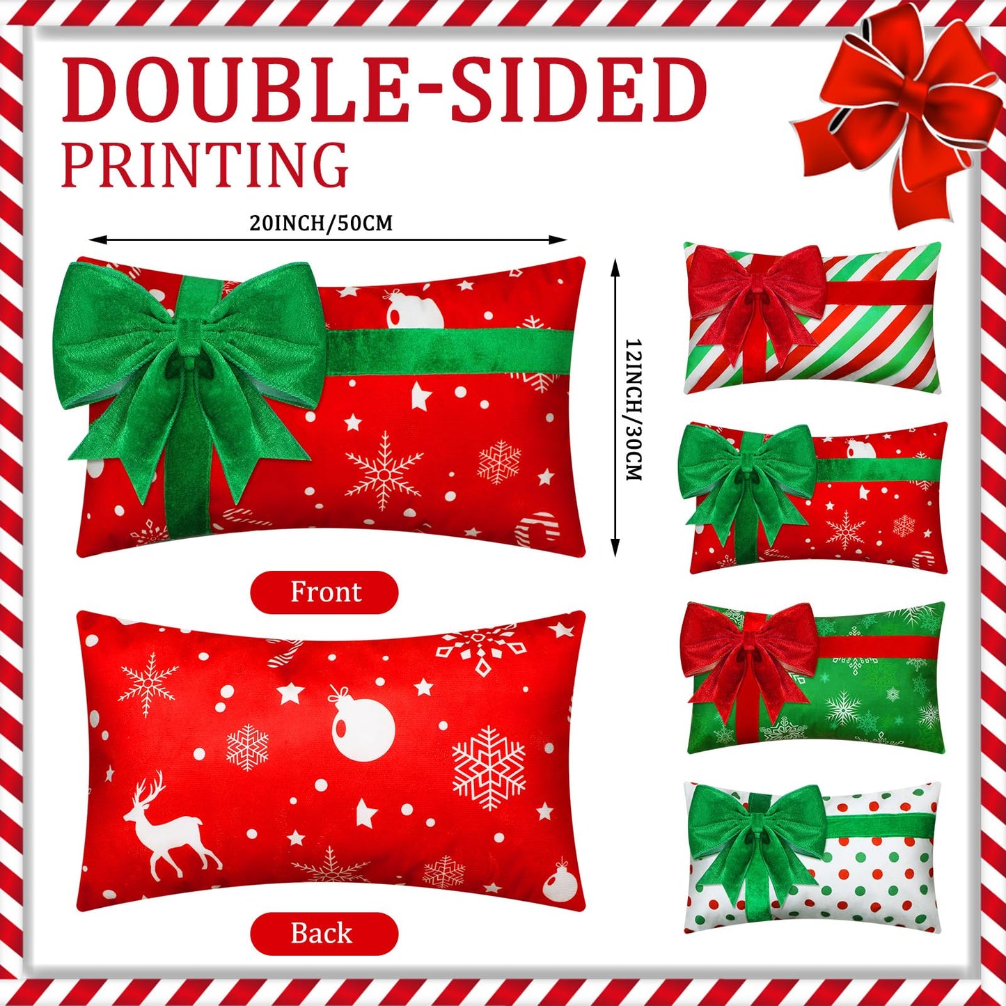 Kingdder Christmas Pillow Covers 12 x 20 Inch Set of 4 Farmhouse Xmas Throw Pillow Cases Gift Box Style Red Green White Snowflake Bow Decoration for Couch Holiday Sofa Cushion Decor