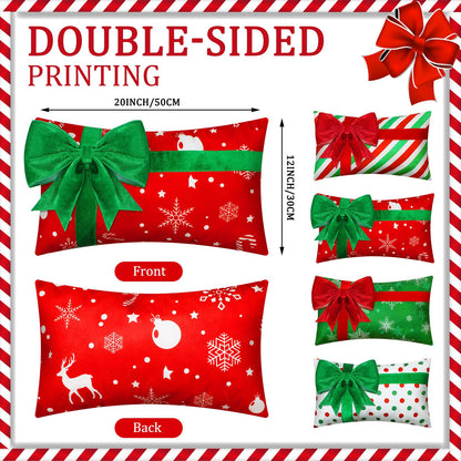 Kingdder Christmas Pillow Covers 12 x 20 Inch Set of 4 Farmhouse Xmas Throw Pillow Cases Gift Box Style Red Green White Snowflake Bow Decoration for Couch Holiday Sofa Cushion Decor