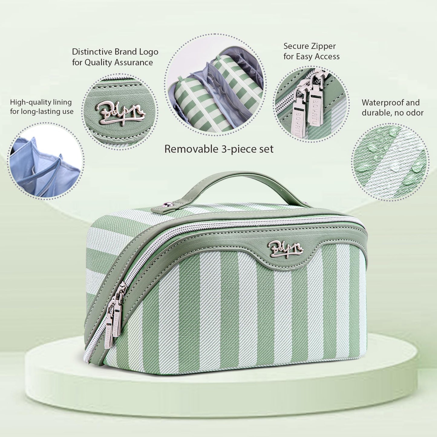 BOYATU Travel Makeup Bag Cosmetic Bag for Women: 3 Pcs Set Striped Make up Bag with Compartments - Waterproof Vegan Leather Toiletry Bag with Handle - Makeup Organizer for Travel Essentials(A-2-Green)