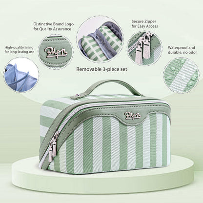 BOYATU Travel Makeup Bag Cosmetic Bag for Women: 3 Pcs Set Striped Make up Bag with Compartments - Waterproof Vegan Leather Toiletry Bag with Handle - Makeup Organizer for Travel Essentials(A-2-Green)