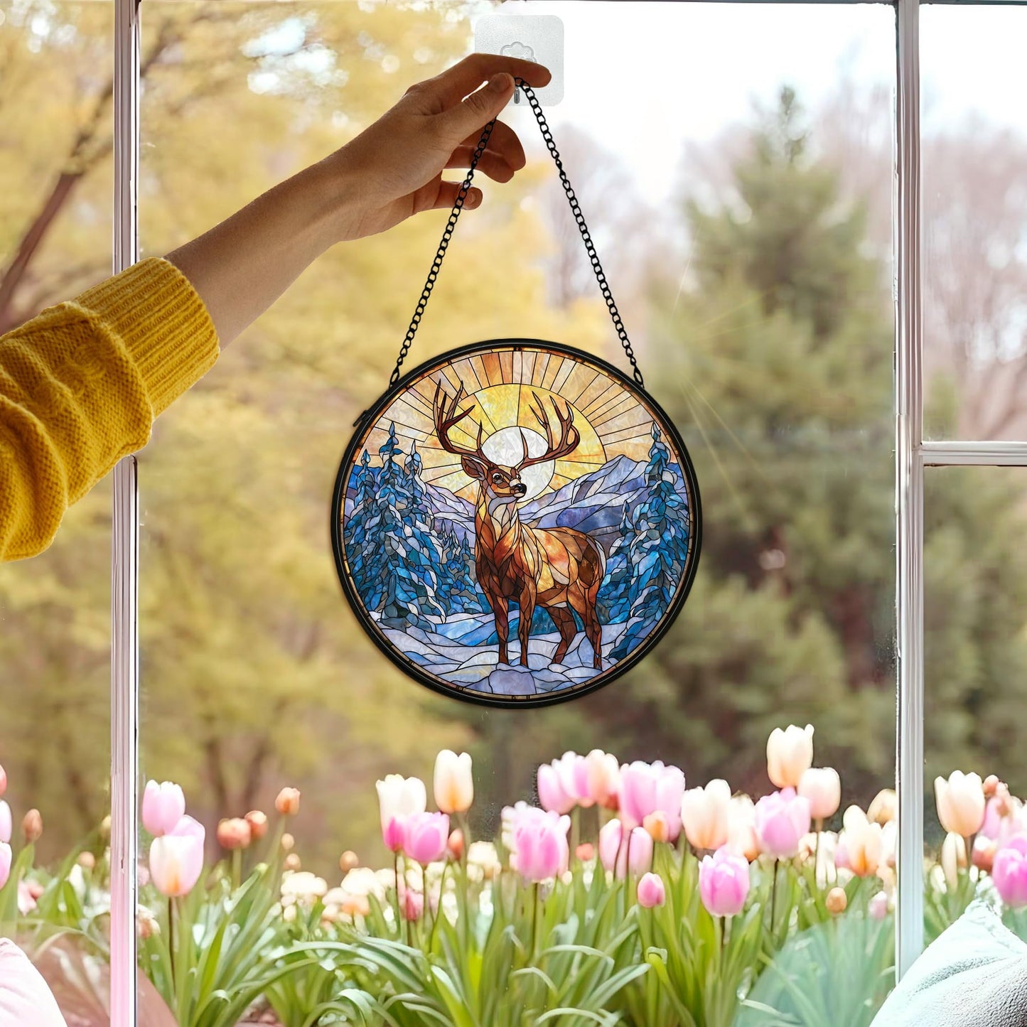 cvjutf Winter Wonderland Christmas Deer Suncatcher Stained Glass Window Hanging Decorstions, Landscape Stained Glass Wall Decor, Winter Solstice Gifts, Forest Garden Sun Catchers Window Art, 7.9x7.9In