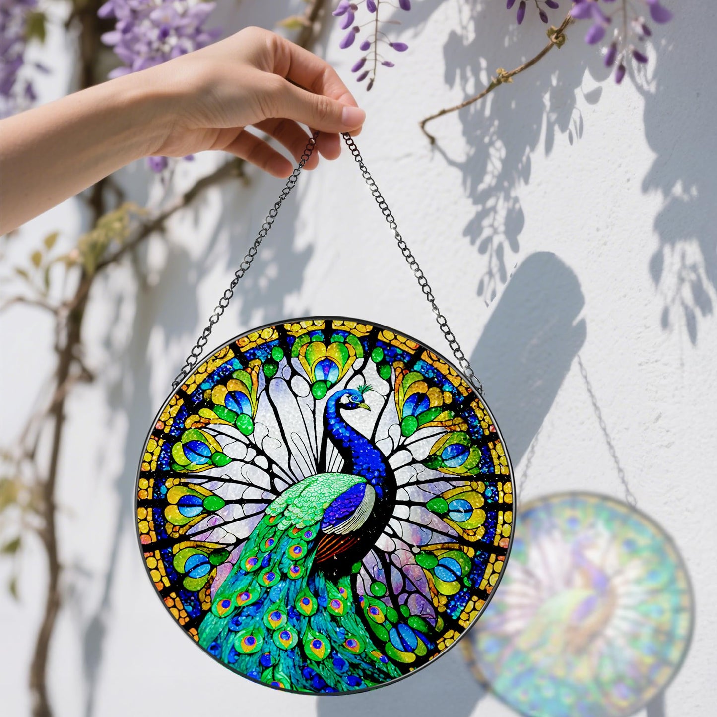 8 Inch Stained Glass Suncatcher Ornament, DOUHASU Peacock Sun Catchers Indoor Window, Stained Glass Window Hanging, Home Decor, Peacock Lovers for Mom, Grandma, Friend, Bestie, Couple
