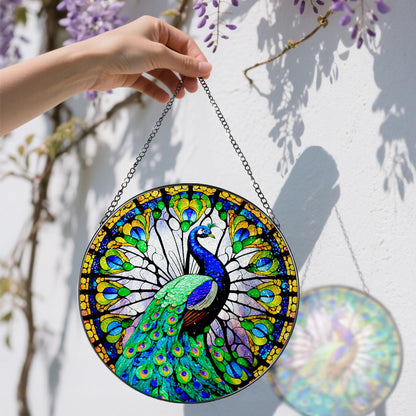8 Inch Stained Glass Suncatcher Ornament, DOUHASU Peacock Sun Catchers Indoor Window, Stained Glass Window Hanging, Home Decor, Peacock Lovers for Mom, Grandma, Friend, Bestie, Couple