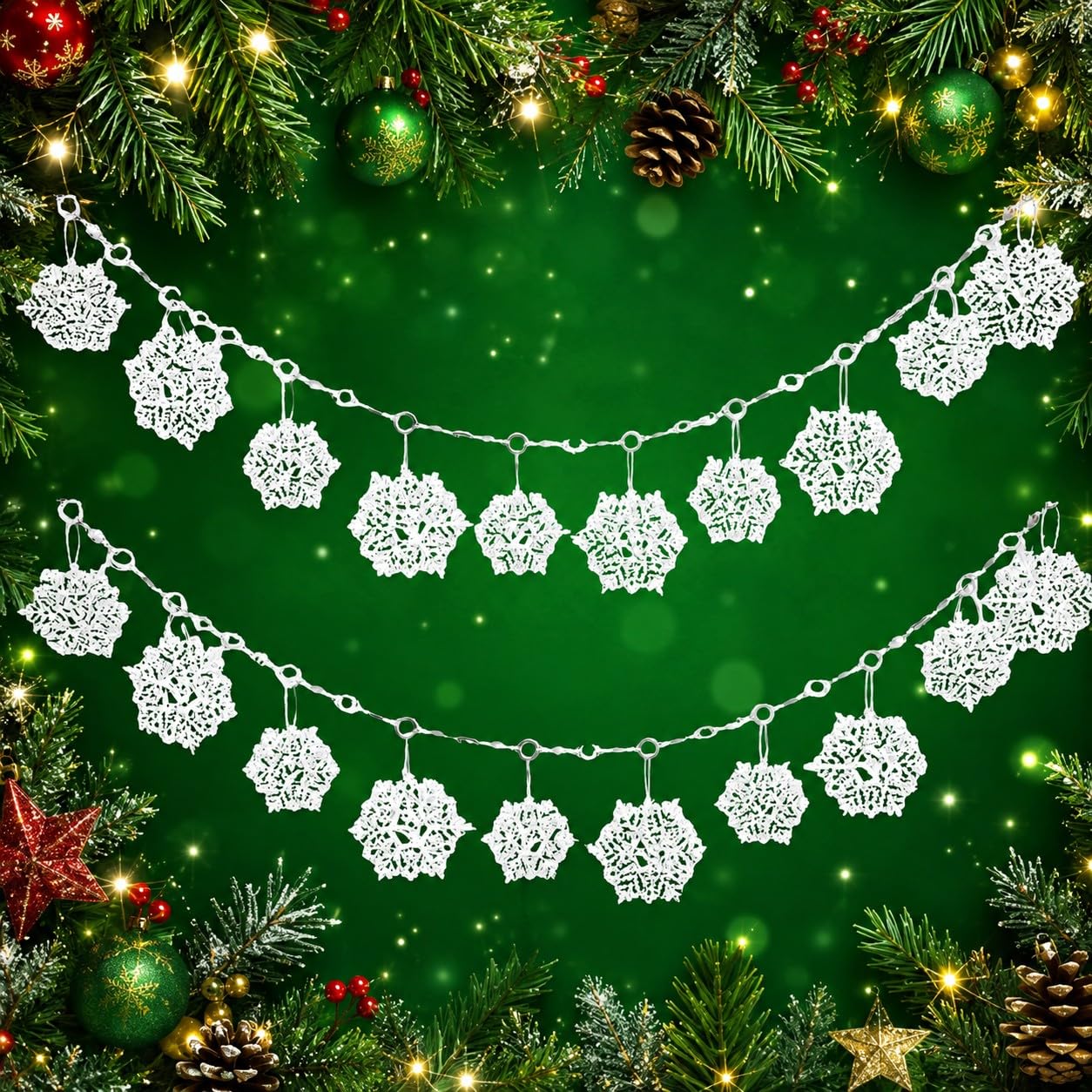 Snowflake Christmas Garland Decorations Set of 2 – 72 Inch Glitter Snowflake Hanging Garlands with Large 4” & 6” Snowflakes – Winter Wonderland Christmas Tree, Mantel, Staircase & Holiday Party Decor