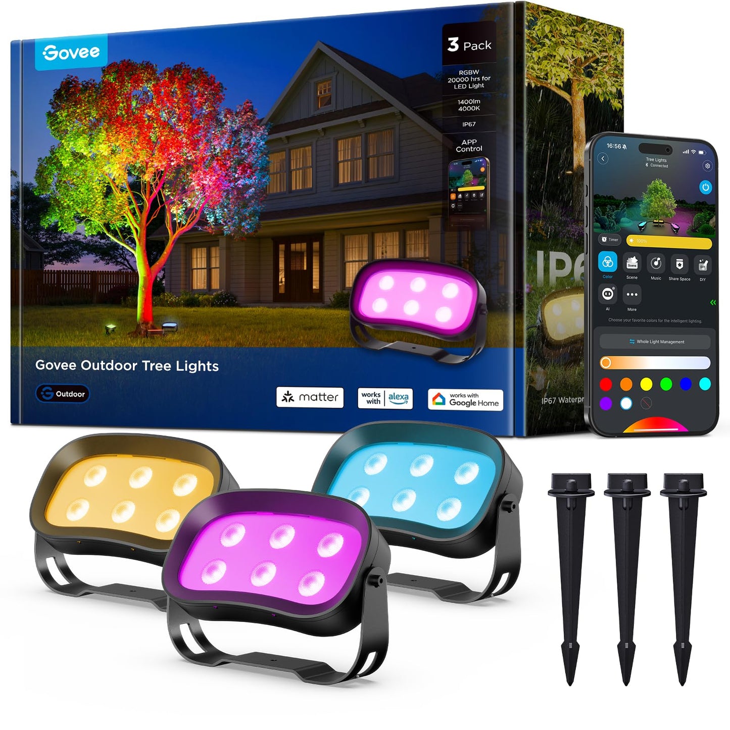 Govee Outdoor Tree Lights 3-Pack, RGBWIC LED Landscape Lighting, Outdoor Lights for Yard Garden Patio, 66 Scene Modes for Holiday Party and Event, App Control, Google Assistant, Matter