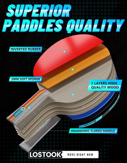 Lostook Ping Pong Paddles Set of 2, Professional Grey Table Tennis Rackets with Portable Oxford Cloth Case & Three Star Ping Pong Balls for Adults and Family Indoor Outdoor Games