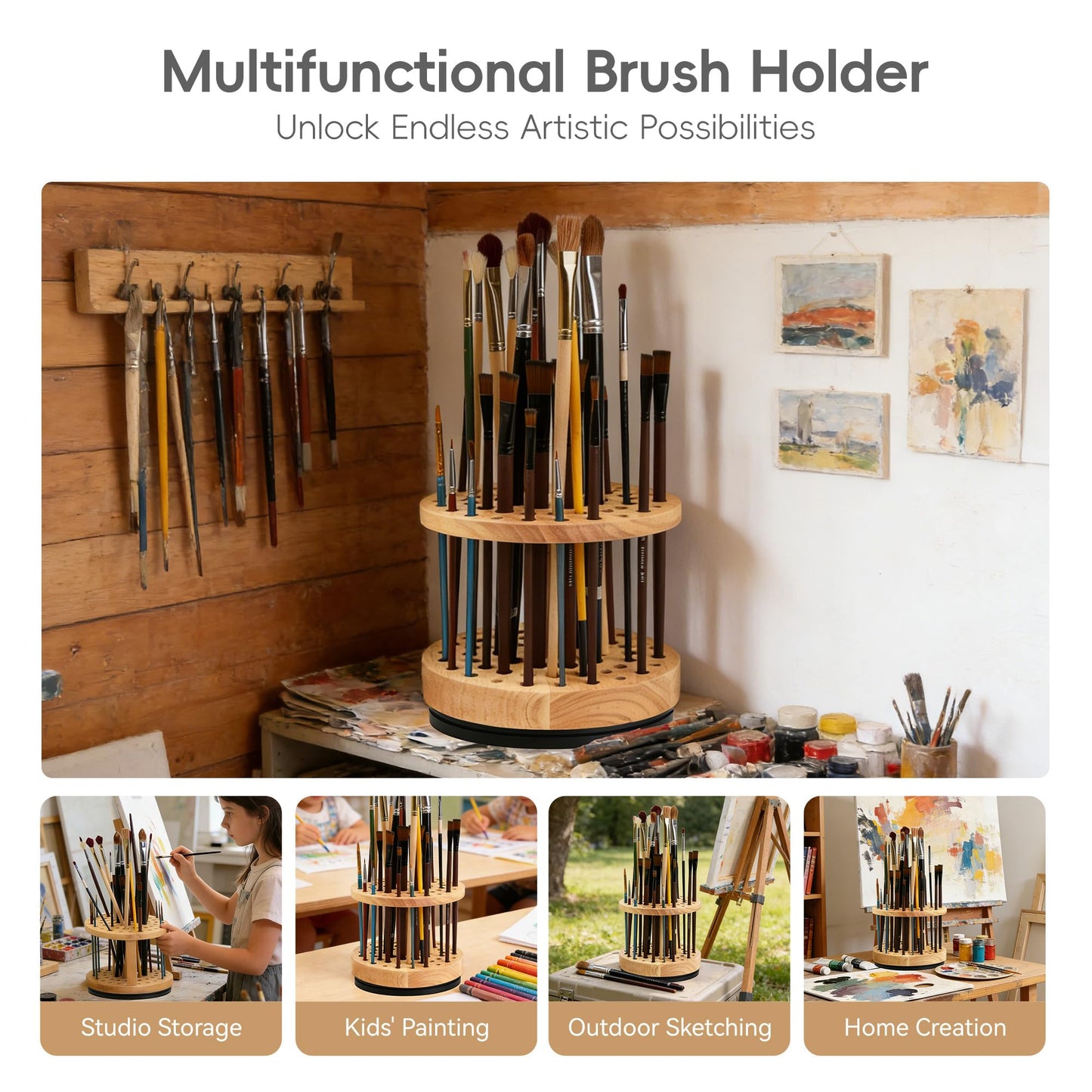 360 Rotating Paint Brush Holder, 52 Holes, Natural Wood