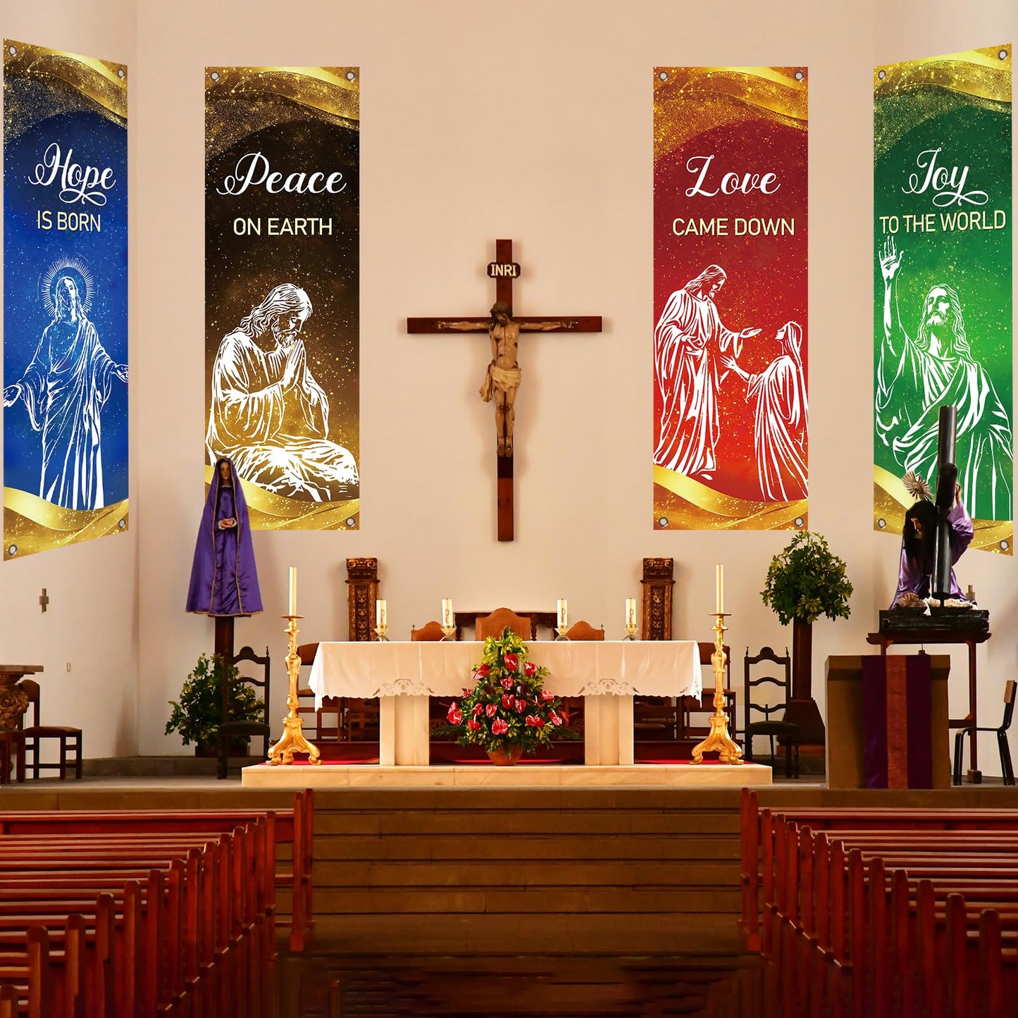 4Pcs Christmas Church Banners for Sanctuary Wall Love Hope Joy Peace Religious Banners Hanging Backdrop Gold Glitter Jesus Christian Banner with Scripture Bible Verse Banner for Holiday School Decor