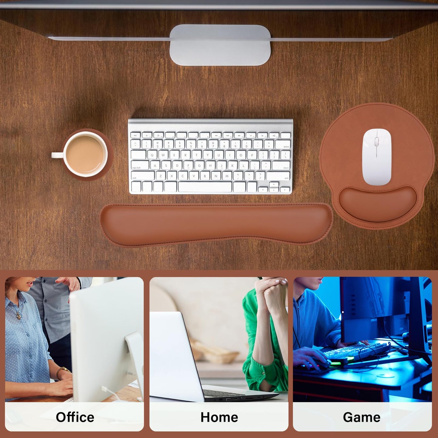 MOSISO Wrist Rest Support for Mouse Pad & Keyboard Set, Ergonomic PU Leather Keyboard and Mousepad with Wrist Rest&Coaster Non-Slip Base Home/Office Easy Typing Cushion with Raised Memory Foam, Brown