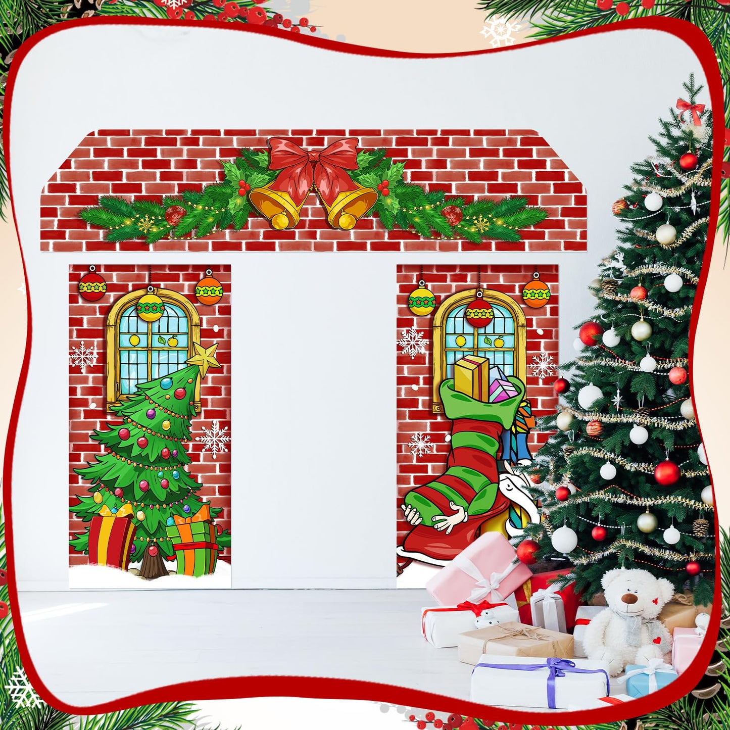 HunnmingRe 3 Pcs Christmas Gingerbread House Decorations Gingerbread Door Covers Backdrop Christmas Door Banners for Xmas Holiday Party Photography Photo Background Decor(Elf Style)