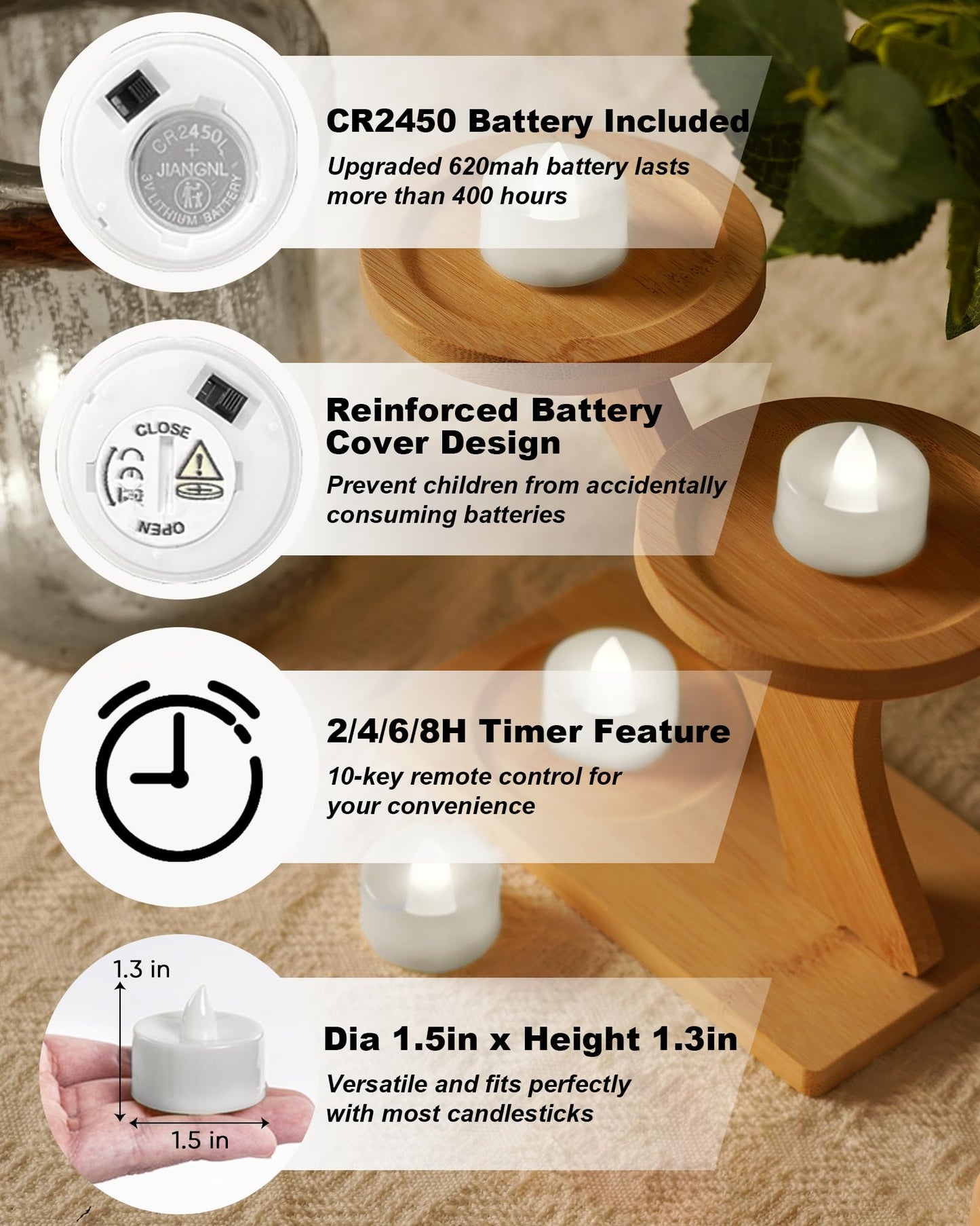 BEICHI Remote Candles, 24 Pack Timer Candle, Flameless Tea Lights Candle Battery Operated, Flickering LED Tea Lights, Timer Battery Votive Candles- Pure White- White Base