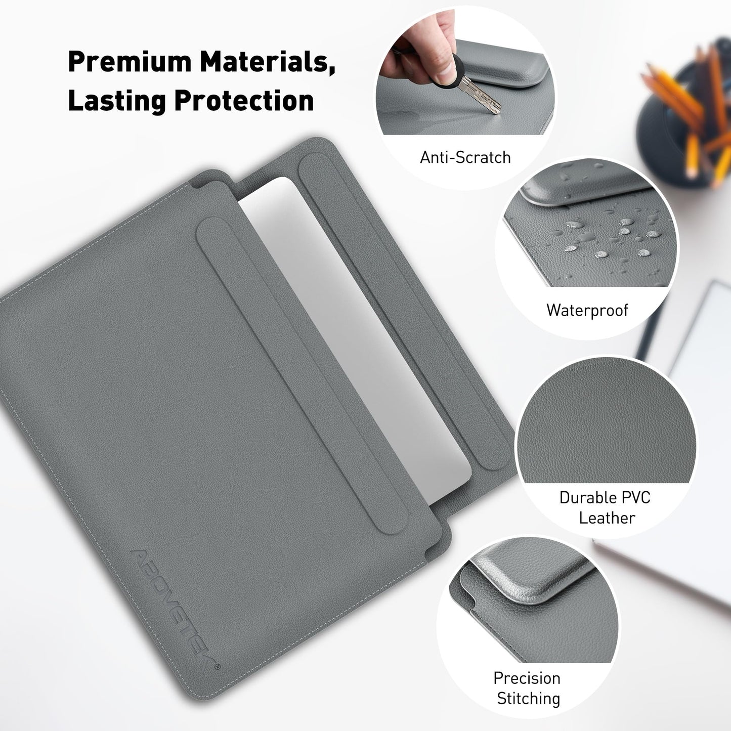 AboveTEK Laptop Sleeve Case for 13-14 inch MacBook Air/Pro, Slim Laptop Case with Stand, Ergonomic Wrist Rest & Mouse Pad, Waterproof Anti-Scratch Leather Bag for 13-14 Surface HP, Grey