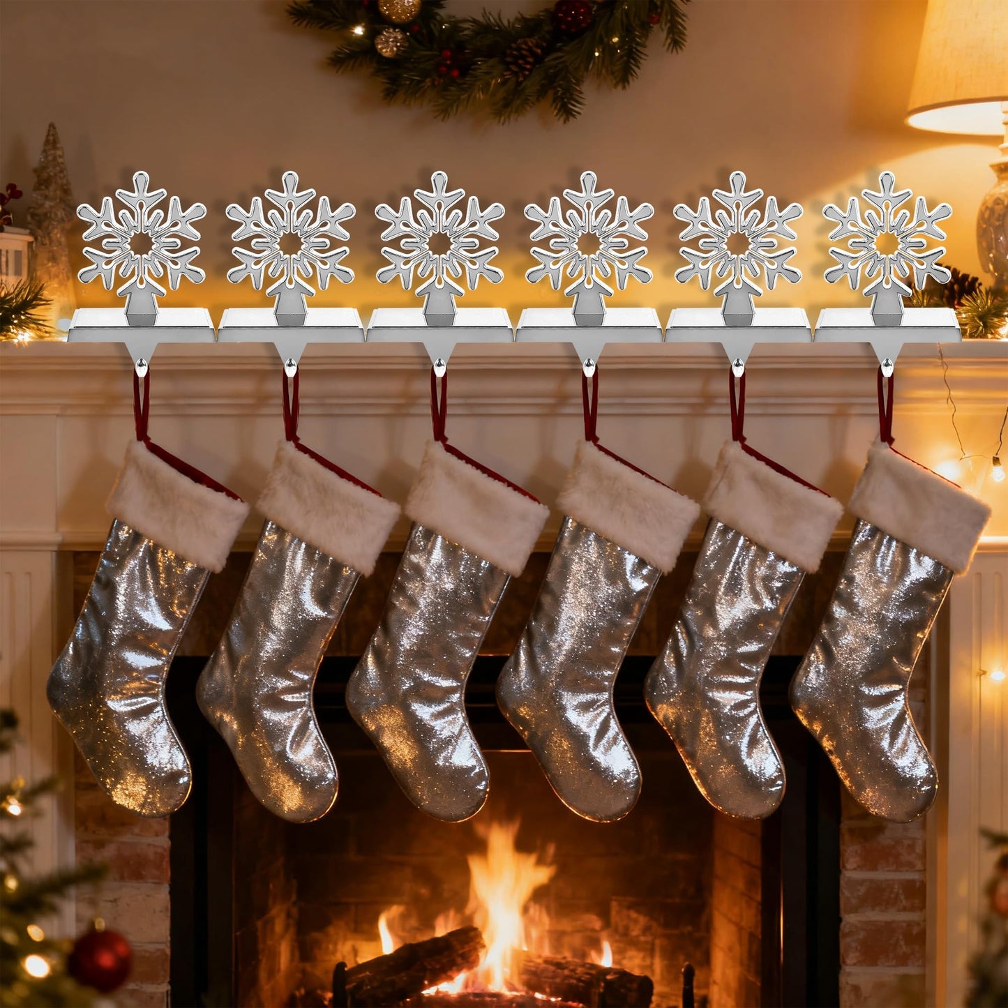 yofit 6 Pcs Christmas Snowflake Stocking Holder, Metal Christmas Stocking Hanger, 3D Sliver Stocking Hooks Non-Slip for Fireplace Mantel Window Christmas Home Xmas Party Decor