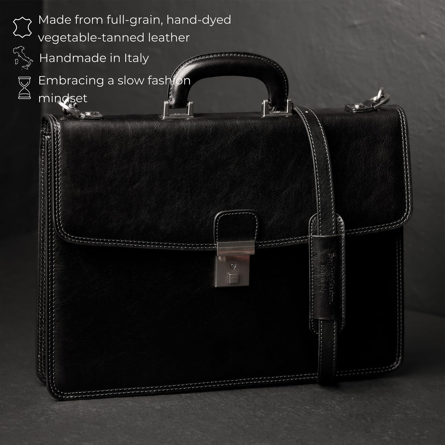 Time Resistance Leather Briefcase - Italian Handmade Leather Laptop Bag - Handbag for Men - Professional Computer Case (Black)