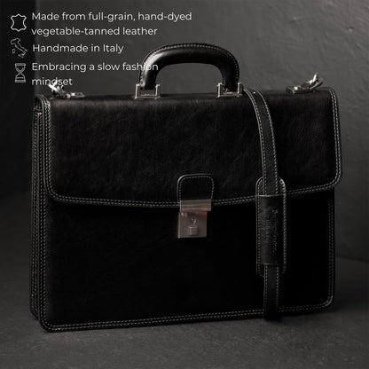 Time Resistance Leather Briefcase - Italian Handmade Leather Laptop Bag - Handbag for Men - Professional Computer Case (Black)