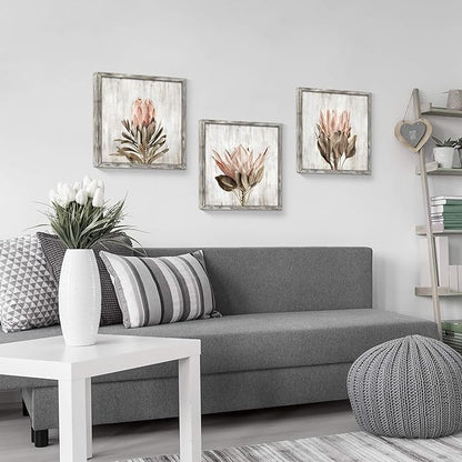 Pink Floral Wall Art Picture: Blossom Protea Flower Artwork Print on Rustic Wood Framed for Home Decor (16” x 16” x 3 Panels)