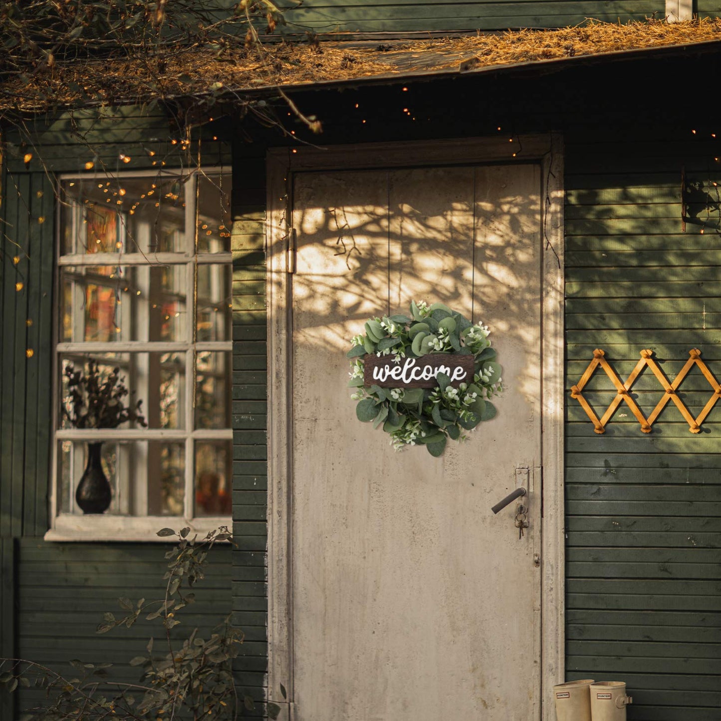 Spring Summer Garland Welcome Sign Artificial Eucalyptus Wreath Rustic Front Door Sign for Farmhouse Porch Front Door Decorations Welcome Eucalyptus Wreath