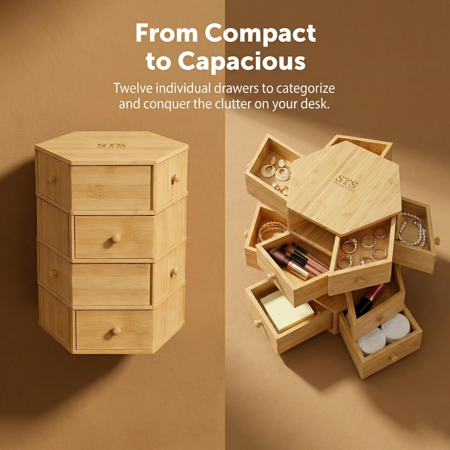 360° Rotatable Bamboo Desktop Organizer, Large Capacity Cosmetic & Jewelry Storage for Makeup Serum, Diamond, Easy Setup No Assembly (9)