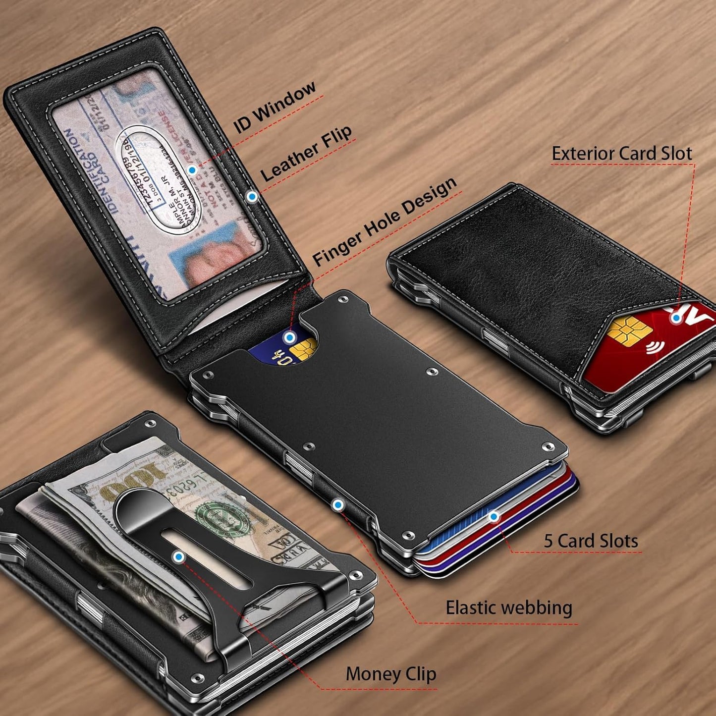Men's Slim RFID Blocking Wallet Genuine Leather Front Pocket Design with Money Clip Holds 12 Cards Magnetic Flip Case (Black)